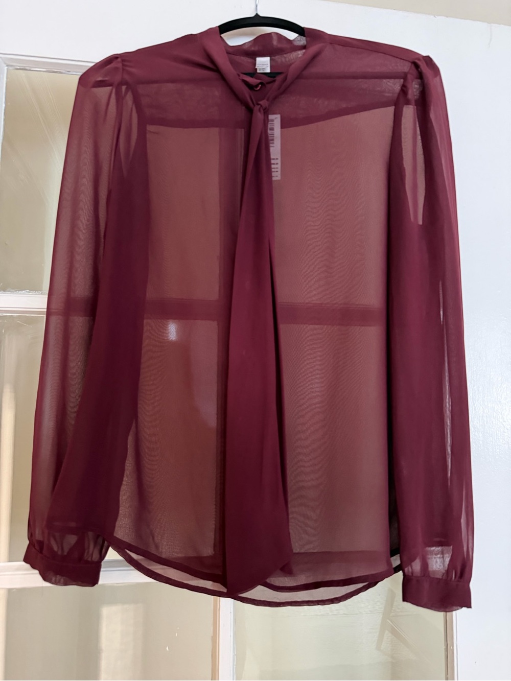 American Apparel Burgundy Sheer Tie-Neck Blouse